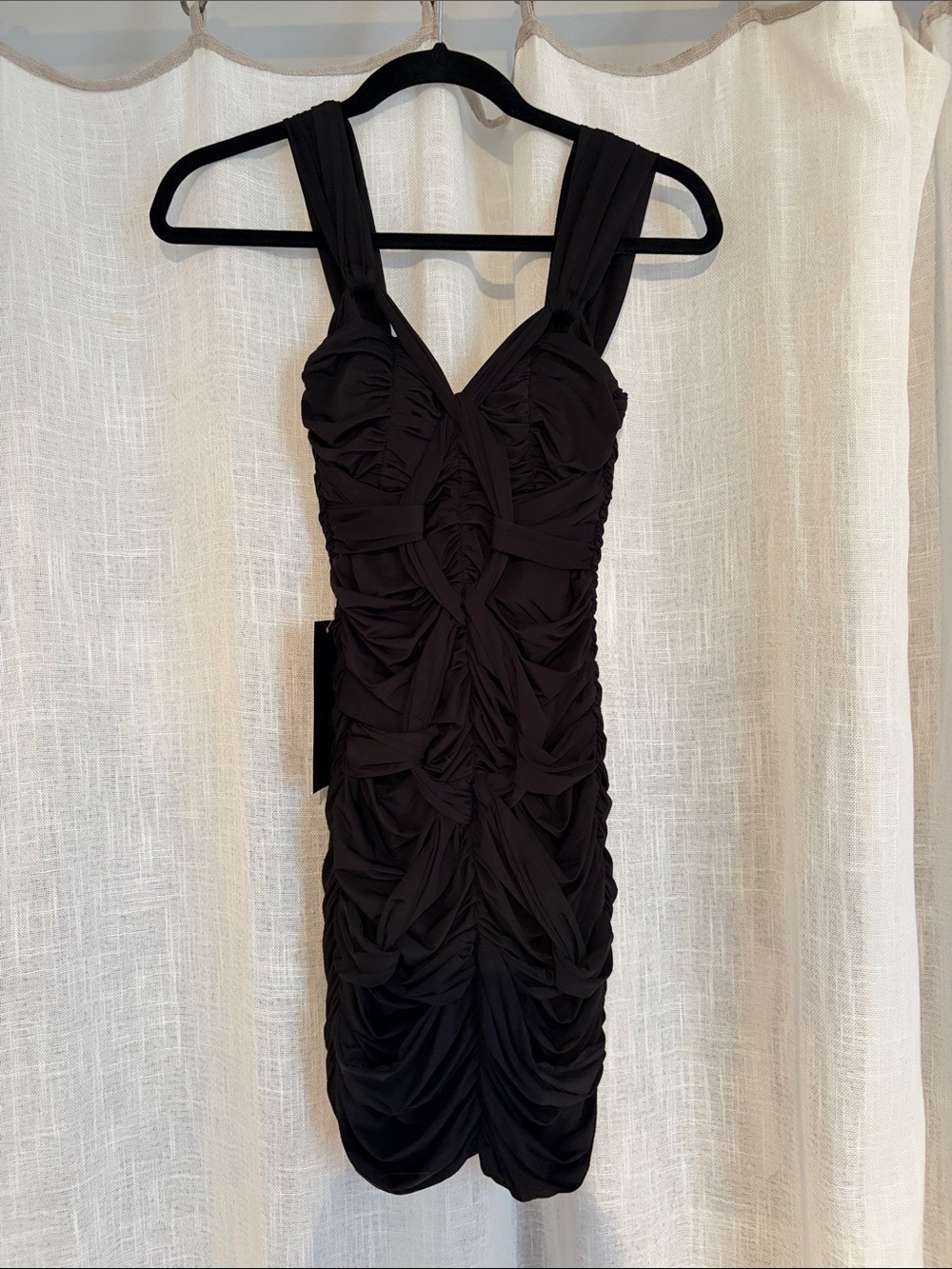 Bebe Black Ruched V-Neck Bodycon Mini Dress